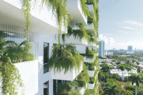 An array of balconies adorned with overflowing greenery creates a vertical garden effect, juxtaposing lush nature against modern urban architecture.