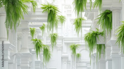 White balconies cascade with soft green ferns, creating a striking contrast and bringing a touch of the wild to the urban jungle.