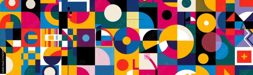 A vibrant and colorful pattern with geometric shapes including circles, squares, triangles, and rectangles in various sizes Generative AI A vibrant and colorful pattern with geometric shapes including circles, squares, triangles, and rectangles in various sizes Generative AI