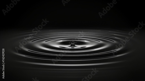 A solitary droplet causes a series of concentric ripples on a still water surface, captured in a high-contrast monochrome setting.