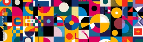 Free Download A vibrant and colorful pattern with geometric shapes including circles, squares, triangles, and rectangles in various sizes Generative AI - GFXLoad