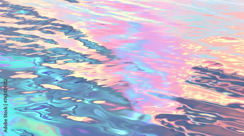 Like a painter's canvas, the water's smooth surface captures a kaleidoscope of colors, blending sky and liquid in a surreal, holographic tableau.