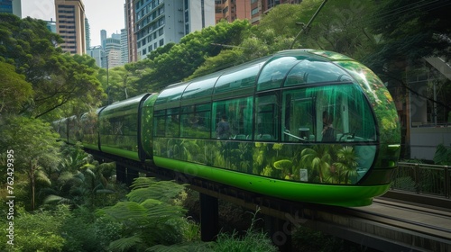 A unique greenhouse monorail floats above a serene waterway, flanked by skyscrapers—a symbol of sustainability and innovation in urban public transportation.