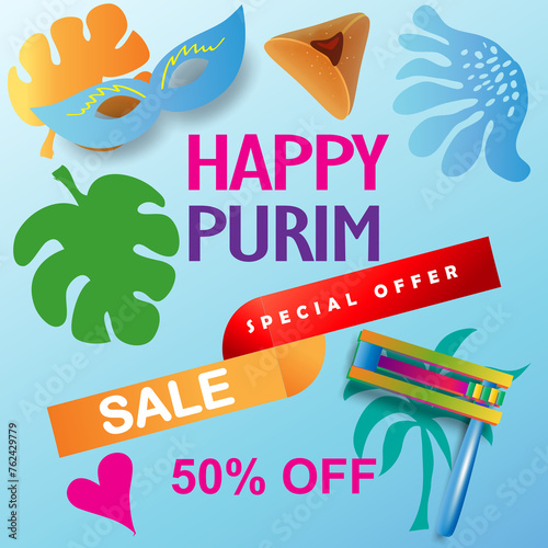 Sale offer banner Happy Purim Jewish Holiday gifts card traditional purim food symbols. Purim noisemaker, masque, gragger, wine bottle, hamantachhen cookies, crown, star of David, festival decoration 