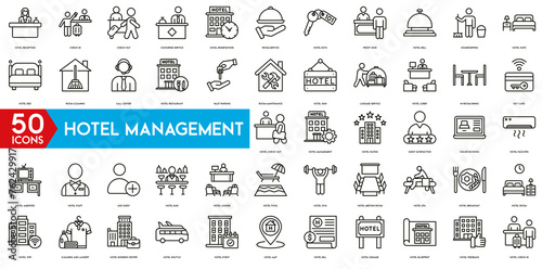 Hotel Management icon. Hotel Reception, Check-In, Check-Out, Concierge Service, Reservations, Room Service, Hotel Keys, Front Desk, Hotel Bell and Housekeeping icon set. photo