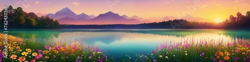 Abstract watercolor blurred landscape of mountain lake at sunset in delicate pastel colors. Abstract background for design, place for text.