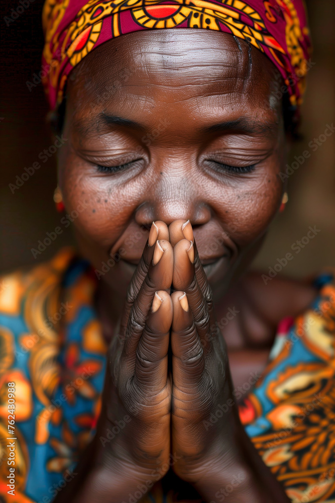 A black woman with her eyes closed with her hands in prayer position and talking to God