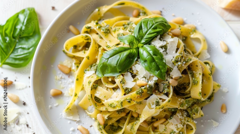 A delightful dish of fettuccine tossed in pesto sauce, sprinkled with Parmesan shavings and pine nuts, served with a basil garnish.