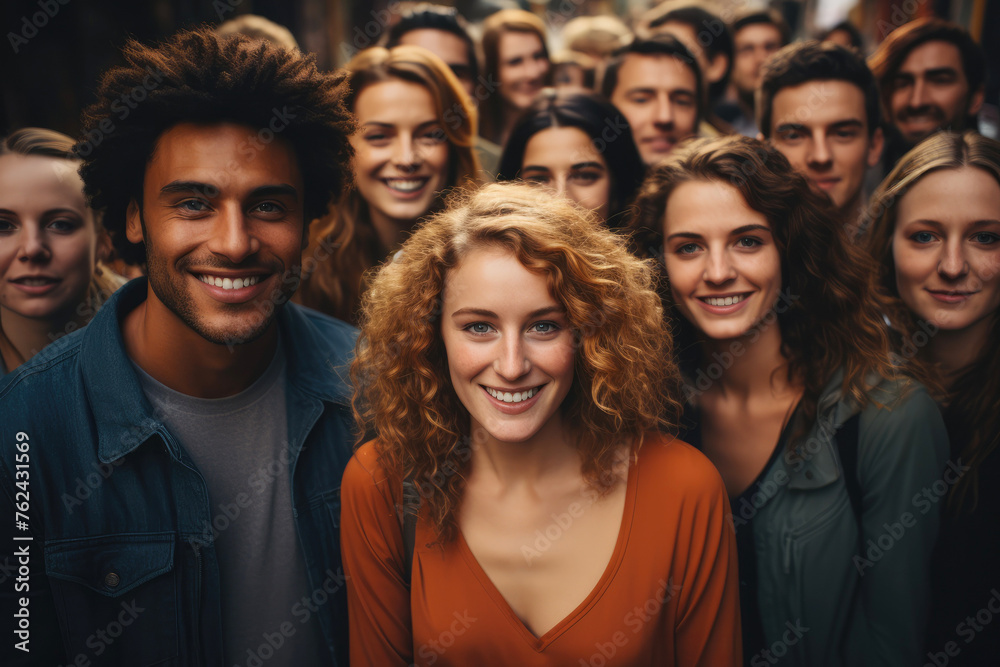 A diverse group of friends standing together outdoors, smiling, and making eye contact with the camera on a sunny day, conveying positivity and friendship