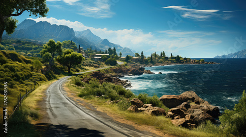 A picturesque mediterranean coastal scene showcasing a scenic asphalt road winding its way through the landscape and leading to the sparkling blue sea under the bright sun