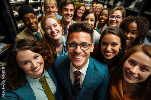 A happy business team gazing at the viewer with positivity and joy in a bright office setting. They are smiling and appear to be enjoying their work environment.