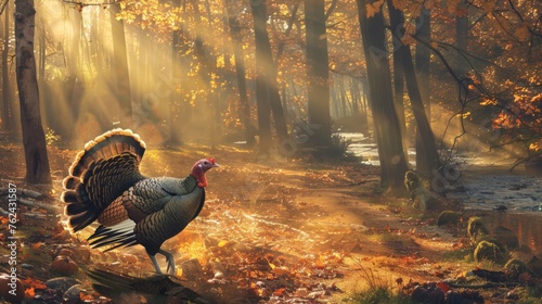 Turkey strutting through the fall forest, with sunlight beaming from behind 