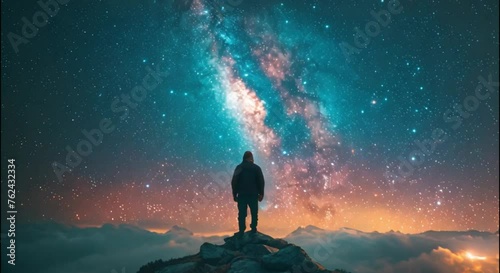 a man standing on a mountain peak on a clear night footage