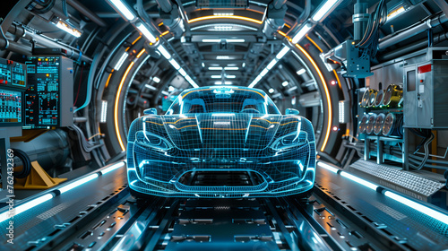 Holographic car model is displayed inside a futuristic design laboratory with advanced technical equipment.