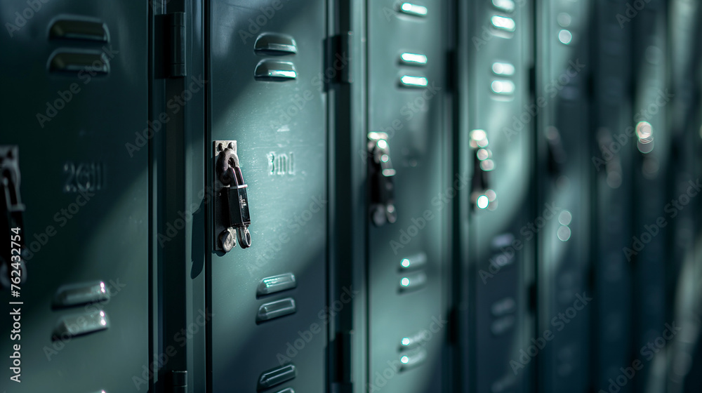 A focused shot on the locks and handles of a row of school lockers, emphasizing security and privacy, the play of light and shadow subtly hinting at the personal worlds hidden behi