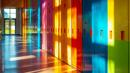 A close-up view of a row of brightly colored school lockers, their vibrant hues creating a lively atmosphere in the hallway, illuminated by the soft, natural light filtering throug