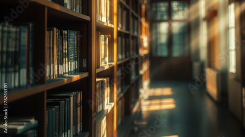 An atmospheric perspective of a library's blurred bookshelf, where the play of light and shadow across the volumes invites curiosity and the pursuit of learning, with copy space © Катерина Євтехова