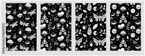 Adobe IllusSeamless neo folk pattern with butterfly, moth and flowers, black and white floral design. Set Neo folk style endless backgrounds perfect for textile designtrator Artwork