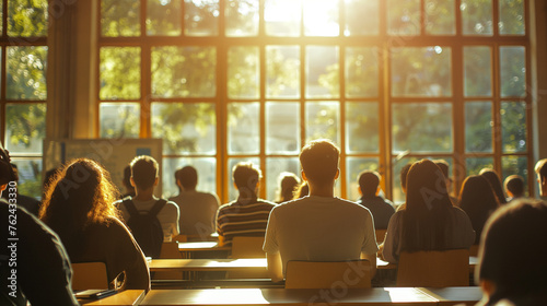 A wide shot of a diverse group of students attentively listening to a lecturer at the front of the classroom, bathed in the glow of natural light streaming through large windows, c
