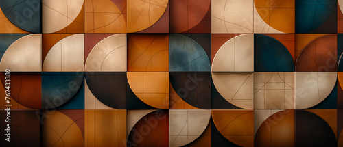 Abstract geometric wall patterns with fluid shapes. Vibrant warm details and distressed surfaces. Graphic resource background and wallpaper.