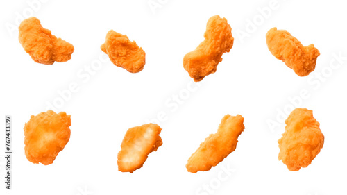 Flying crispy fried fhicken set strips isolated on transparent background. 