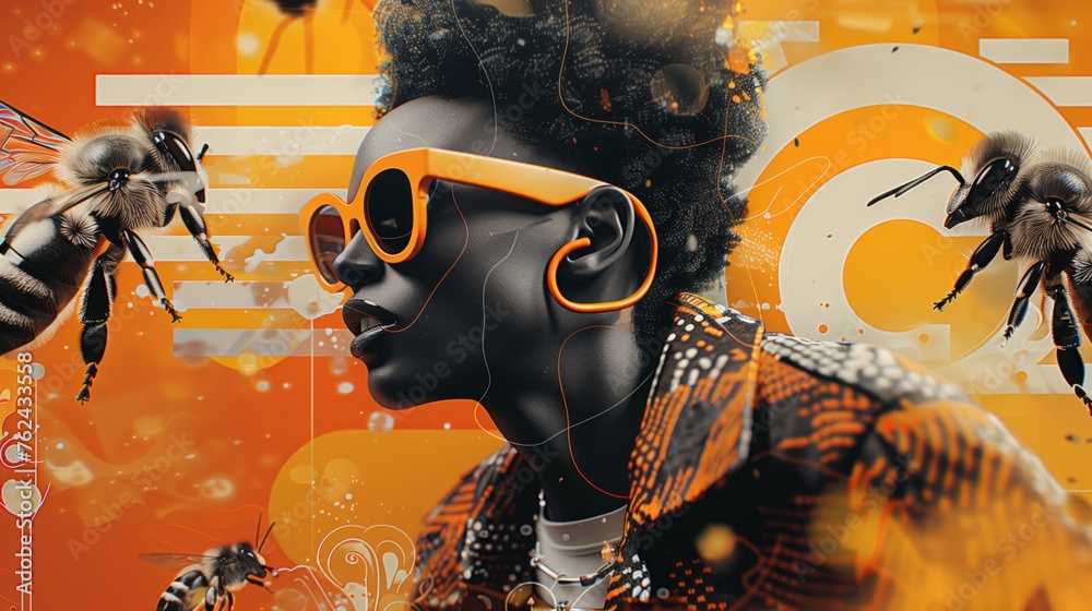 Surreal digital art of woman with bees and orange palette: abstract ...