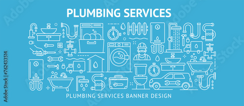 Plumbing Services Banner. Home repair. House maintenance. Flyer, booklet, leaflet print design with linear illustrations