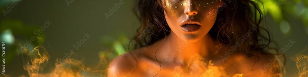 Panoramic view with an enigmatic woman with fire effect and starry makeup. Captivating close-up of a woman surrounded by fire, with celestial makeup on her face
