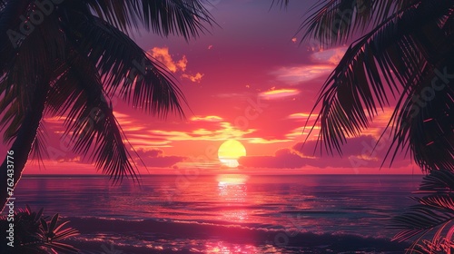 A vibrant beach sunset with hues of orange and pink reflecting off the water's surface. Silhouettes of palm trees frame the scene, adding a touch of tropical beauty to the serene coastal setting. © Sana