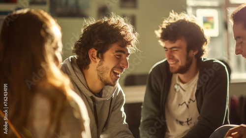 A candid shot of a small group of students laughing and sharing jokes, a welcome moment of levity after a challenging lecture, the room's natural light creating a comfortable and i
