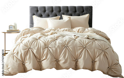 Cozy Beige Bedding Set with Tufted Comforter - 3-Piece, Beige Tufted Cozy Bedding Comforter Set 3 Pieces Isolated on Transparent background.