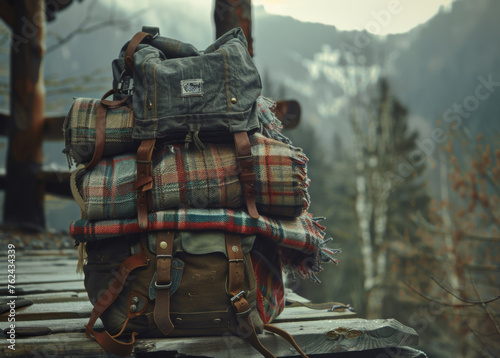 A sturdy travel backpack with a plaid blanket strapped to it  set against a forest backdrop on wooden rails