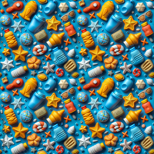 Seamless pattern of summer beach items, including shells, stars