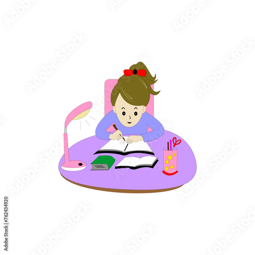 This vector graphic of illustration of young girl studying is perfect for education icon wallpaper, advertisement, banner template, covers, etc