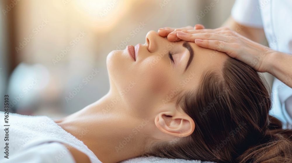 Fototapeta premium Charming woman enjoying a head massage at a luxurious spa, with a professional therapist applying gentle pressure to relax tense muscles and promote relaxation