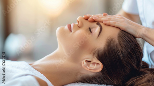 Charming woman enjoying a head massage at a luxurious spa, with a professional therapist applying gentle pressure to relax tense muscles and promote relaxation photo