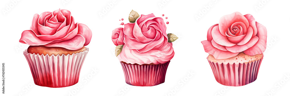 Set of Rose cupcake watercolor style isolate on PNG transparent background - obrazy, fototapety, plakaty 