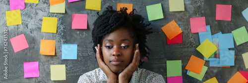 A thoughtful young woman rests her chin on her hands against a backdrop of multicolored sticky notes