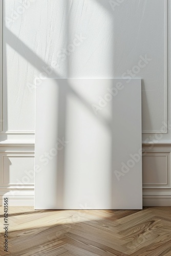 blank vertical poster frame standing on light wooden laminate floor against a white wall, empty picture frame mockup, blank photo frame mock-up
