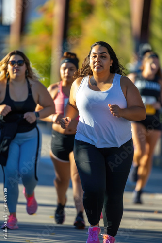Several overweight women in athletic clothing are sprinting down a busy city street, displaying determination and focus
