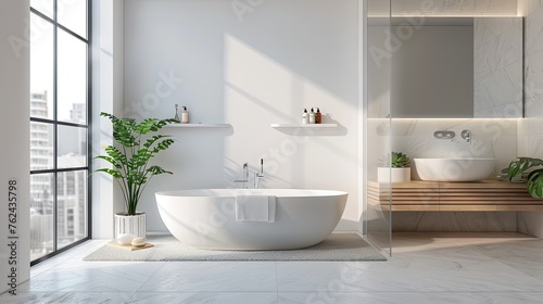A stylish  modern and minimalist bathroom  with a rounded bathtub  natural light.