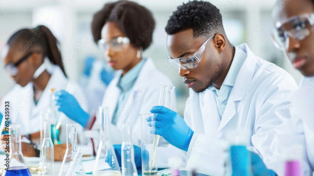 A diverse group of professionals conducting experiments and analyzing samples in a well-equipped laboratory A diverse group of professionals conducting experiments and analyzing samples in a well-equipped laboratory