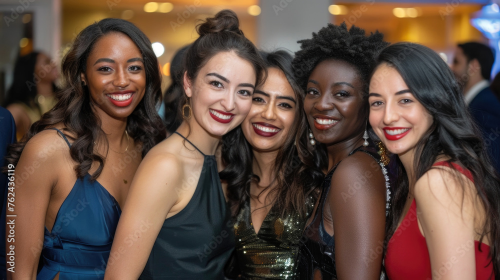 Several women standing in a group side by side, posing for a picture or waiting in a line Several women standing in a group side by side, posing for a picture or waiting in a line