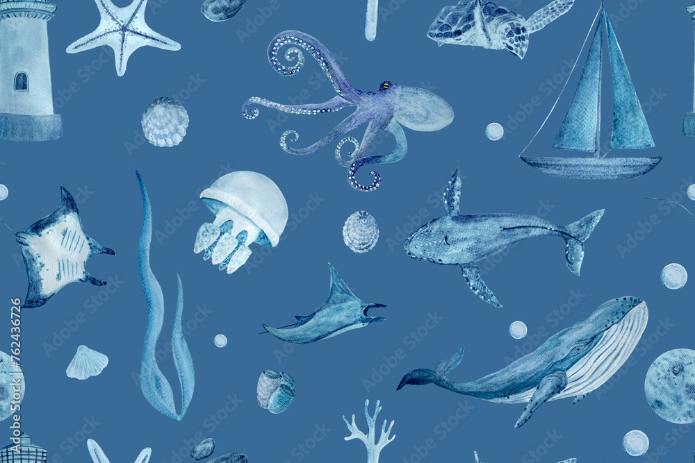 Watercolor hand-drawn blue monochromatic seamless pattern isolated on blue. Whales, manta rays, shells, starfish, jellyfish and octopus Watercolor hand-drawn blue monochromatic seamless pattern isolated on blue. Whales, manta rays, shells, starfish, jellyfish and octopus