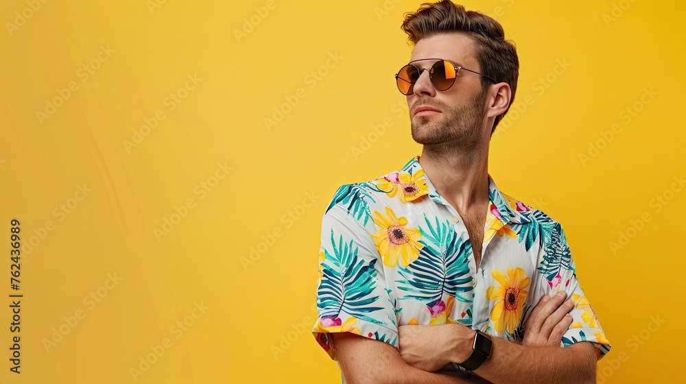 Portrait of a young man with a beard and sunglasses, wears a colorful Hawaiian t-shirt, isolated on yellow background. Portrait of a young man with a beard and sunglasses, wears a colorful Hawaiian t-shirt, isolated on yellow background.