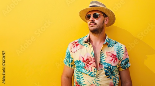 Portrait of a young man with a beard and sunglasses, wears a colorful Hawaiian t-shirt, isolated on yellow background.