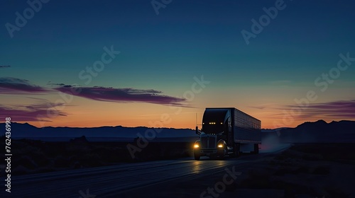 A trailer truck on the highway at dusk.