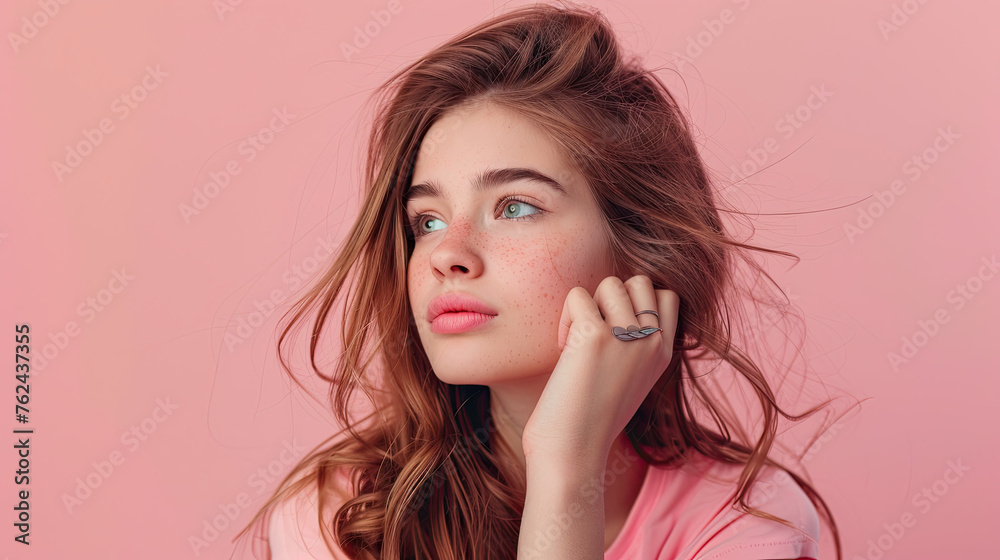 An attractive young girl looking away thinking on pastel pink background An attractive young girl looking away thinking on pastel pink background