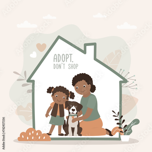 Adopt friend, don't shop - people hugging new dog friend at home. Banner about pet adoptation. Animal care, adoption. Help homeless animals find home concept
