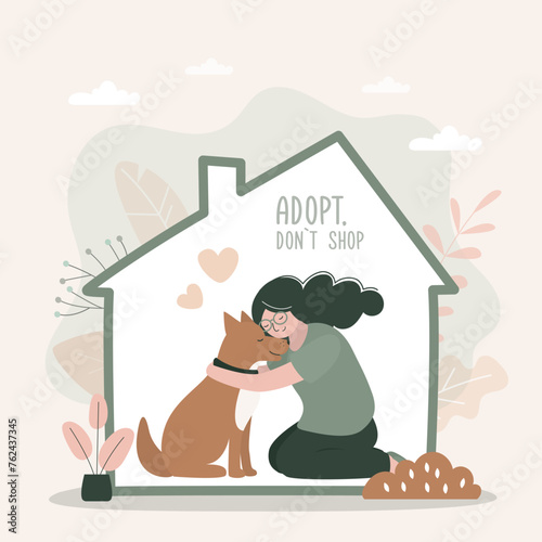 Adopt friend, don't shop - happy woman hugging new dog friend at home. Banner about pet adoptation. Animal care, adoption. Help homeless animals find home concept